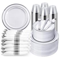 Conjunto de louça descartável prateada BESTVIP com 700 peças para 100 convidados, pratos descartáveis para festa, inclui: 200 pratos de plástico, 100 guardanapos pré-enrolados com talheres prateados e 100 copos para Natal e Halloween Conjunto de louça descartável prateada BESTVIP com 700 peças para 100 convidados, pratos descartáveis para festa, inclui: 200 pratos de plástico, 100 guardanapos pré-enrolados com talheres prateados e 100 copos para Natal e Halloween