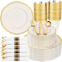 Conjunto de Louça Hioasis 350 Peças Pratos Plásticos Marfim com Detalhes Dourados Conjunto de Louça Hioasis 350 Peças Pratos Plásticos Marfim com Detalhes Dourados