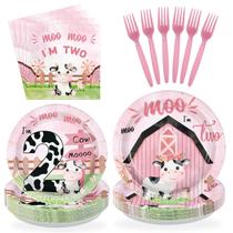 Conjunto de Louça para Festa Greencian Estampa de Vaca Rosa 96 peças Conjunto de Louça para Festa Greencian Estampa de Vaca Rosa 96 peças