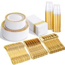 Conjunto de louças BuCla 350PCS de plástico dourado para 50 convidados Conjunto de louças BuCla 350PCS de plástico dourado para 50 convidados