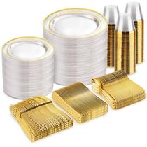 Conjunto de louças BuCla Clear Gold Plastic 600 unidades para casamento e festa Conjunto de louças BuCla Clear Gold Plastic 600 unidades para casamento e festa