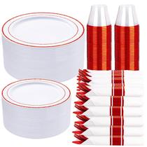 Conjunto de louças de festa WELLIFE de 350 peças de plástico vermelho com 50 convidados Conjunto de louças de festa WELLIFE de 350 peças de plástico vermelho com 50 convidados