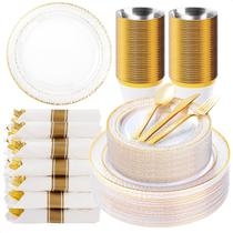 Conjunto de louças de plástico Bestluck 350 unidades para 50 convidados com acabamento dourado Conjunto de louças de plástico Bestluck 350 unidades para 50 convidados com acabamento dourado