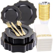 Conjunto de louças de plástico descartáveis COLOSUS 175PCS Black Gold Conjunto de louças de plástico descartáveis COLOSUS 175PCS Black Gold