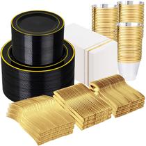 Conjunto de louças de plástico descartáveis GATHER 700PCS preto/dourado