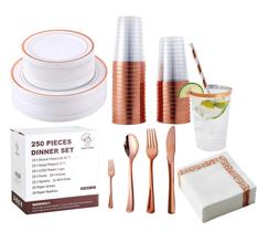 Conjunto de louças de plástico descartáveis JOLLY CHEF 250 unidades em ouro rosa