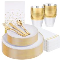 Conjunto de louças de plástico Festiva branco/dourado 176 unidades para 25 convidados Conjunto de louças de plástico Festiva branco/dourado 176 unidades para 25 convidados