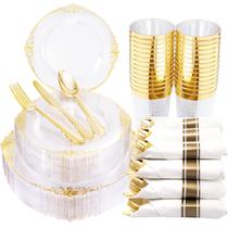 Conjunto de louças de plástico Hioasis Clear Gold 350 unidades para 50 convidados Conjunto de louças de plástico Hioasis Clear Gold 350 unidades para 50 convidados