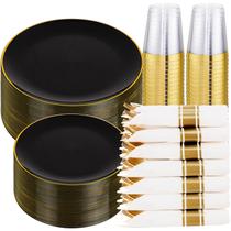 Conjunto de louças de plástico KIRE 350 unidades para 50 convidados preto/dourado