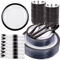 Conjunto de louças de plástico Liacere 350PCS transparente com borda preta Conjunto de louças de plástico Liacere 350PCS transparente com borda preta