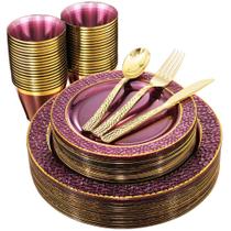 Conjunto de louças de plástico Nervure 150 unidades roxo com ouro para 25