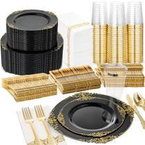 Conjunto de louças de plástico Nervure 350 unidades para 50 convidados com ouro
