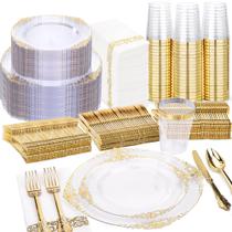 Conjunto de louças de plástico Nervure 350 unidades para 50 convidados com ouro
