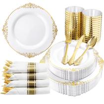 Conjunto de louças de plástico Nervure 350 unidades para 50 convidados - ouro