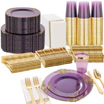 Conjunto de louças de plástico Nervure 350 unidades roxo para 50 convidados