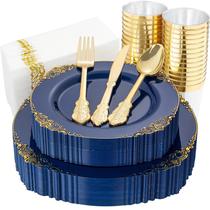 Conjunto de louças de plástico Nervure Blue com ouro 175 unidades para 50