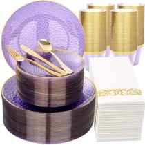 Conjunto de louças de plástico Rubtlamp Clear Purple com borda dourada