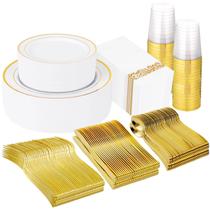 Conjunto de louças de plástico Supernal, 400 unidades para 50 convidados, ouro
