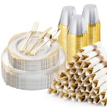 Conjunto de louças descartáveis Bestluck para 50 convidados com borda dourada