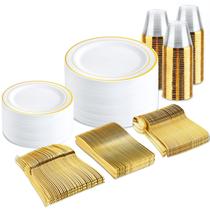 Conjunto de louças descartáveis BuCla branco/dourado 300 unidades para 50 convidados