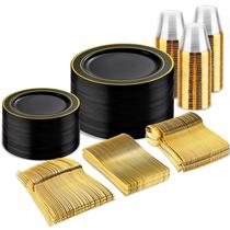 Conjunto de louças descartáveis BuCla Preto/Dourado 300 unidades para 50 convidados Conjunto de louças descartáveis BuCla Preto/Dourado 300 unidades para 50 convidados