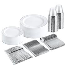 Conjunto de louças descartáveis BuCla White com borda prateada 150PC
