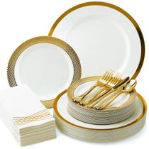 Conjunto de louças descartáveis da Madee branco/dourado 175 unidades (25 convidados) Conjunto de louças descartáveis da Madee branco/dourado 175 unidades (25 convidados)