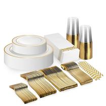 Conjunto de louças descartáveis de plástico Neatiffy, 225 unidades Gold Rim
