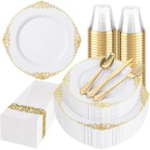 Conjunto de louças descartáveis Hioasis branco/dourado 175 unidades