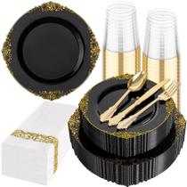 Conjunto de louças descartáveis Hioasis preto/dourado 175 unidades para 25 convidados Conjunto de louças descartáveis Hioasis preto/dourado 175 unidades para 25 convidados