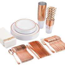 Conjunto de louças descartáveis ISFANCO Rose Gold 200 unidades para 25 Conjunto de louças descartáveis ISFANCO Rose Gold 200 unidades para 25