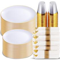 Conjunto de louças descartáveis KIRE branco/dourado 350 unidades para 50 convidados