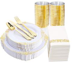 Conjunto de louças descartáveis Nervure branco/dourado 175 unidades