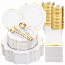 Conjunto de louças descartáveis WDF 350PCS branco/dourado para 50 convidados