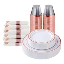 Conjunto de louças Goodluck Rose Gold Plastic 175 unidades para 25 convidados Conjunto de louças Goodluck Rose Gold Plastic 175 unidades para 25 convidados