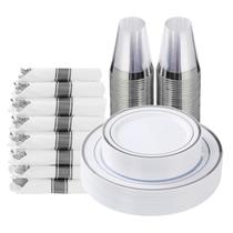 Conjunto de louças Goodluck Silver Plastic 175 peças para 25 convidados Conjunto de louças Goodluck Silver Plastic 175 peças para 25 convidados