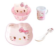 Conjunto de louças Hello Kitty Cute Pink Plate Bowl, copo, colher, 4 unidades