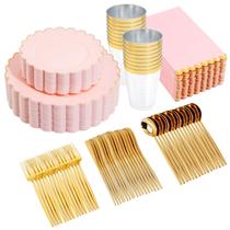 Conjunto de louças LIYH Pink com pratos dourados recortados 210 unidades Conjunto de louças LIYH Pink com pratos dourados recortados 210 unidades