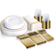 Conjunto de louças M MCIRCO 175 peças de plástico dourado para 25 convidados