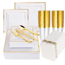 Conjunto de louças N9R 50 Guest Gold com pratos quadrados brancos