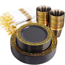 Conjunto de louças NOCCUR preto/dourado 210 unidades com pratos, copos e guardanapos