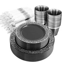 Conjunto de louças NOCCUR preto/prata 210 unidades para 30 convidados