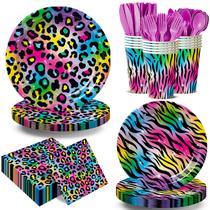 Conjunto de louças para festa Elzoviran Neon Leopard 168 peças Conjunto de louças para festa Elzoviran Neon Leopard 168 peças