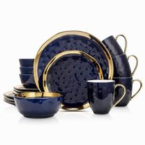 Conjunto de louças Stone Lain Porcelain 16 peças azuis com borda dourada