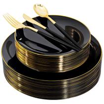 Conjunto de louças supernal Black Plastic 150 unidades com borda dourada