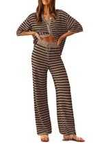 Conjunto de lounge feminino Tankaneo, tricotado, listrado, manga curta, marrom