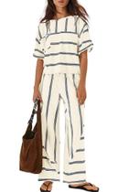 Conjunto de lounge Nirovien para férias femininas listradas com bolsos, azul creme