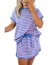 Conjunto de lounge SELINK para mulheres, saia e camiseta azul, rosa, listrada Conjunto de lounge SELINK para mulheres, saia e camiseta azul, rosa, listrada