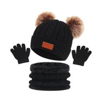Conjunto de Luvas, Cachecol e Gorro de Malha para Crianças - Com Bola de Pele