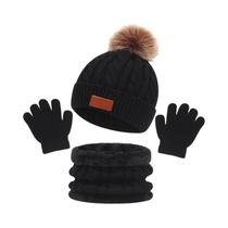 Conjunto de Luvas, Cachecol e Gorro de Malha para Crianças - Com Bola de Pele